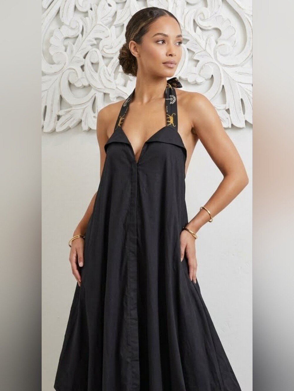 Mo Maya Black Cotton Midi-Maxi Dress Printed Halter Straps BOHO Women's Sz M/L